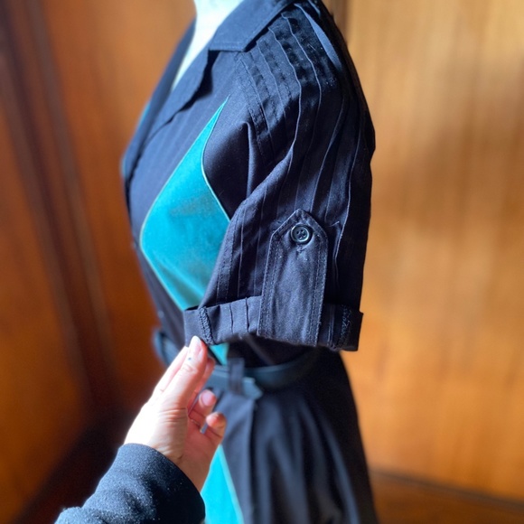 Tatyana Retro Belted Bowling Shirtwaist Dress in Black Turquoise Teal Harlequin - Picture 4 of 7